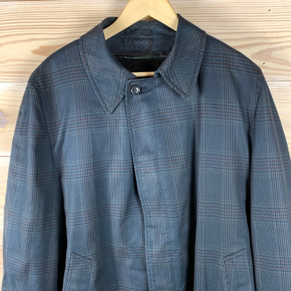 London Fog Maincoats Trench Coat Mens 44 Blue Plaid Vintage Faux Fur Jacket